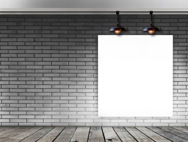 Beyaz tuğla duvar tavan lambası ile boş çerçeve