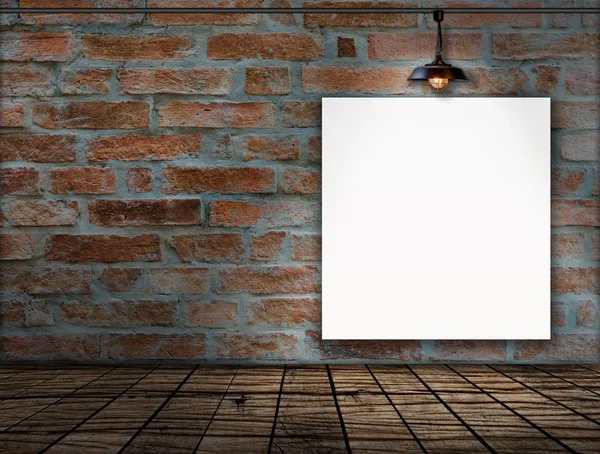 Blank frame on brick wall and wood floor for information message — Stock Photo, Image