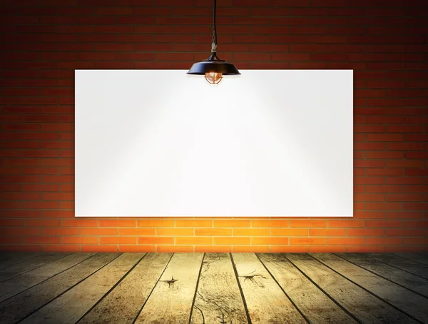 Blank frame on brick wall and wood floor for information message — Stock Photo, Image