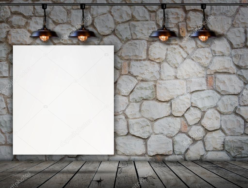 Blank frame on stone wall and wood floor for information message