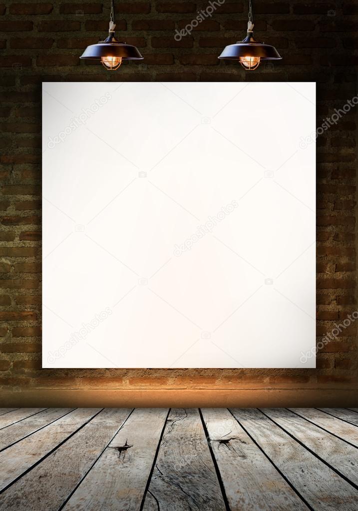 Blank frame on brick wall and wood floor for information message
