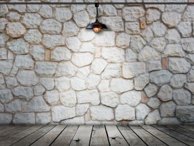 Ahşap zemin oda iç modern tarzı taş duvarda lamba