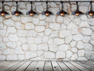 Ahşap zemin oda iç modern tarzı taş duvarda lamba