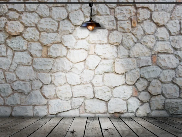 Ahşap zemin oda iç modern tarzı taş duvarda lamba