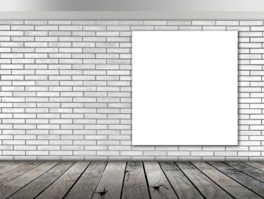 Bilgi iletisi için beyaz tuğla duvar ve ahşap katta boş çerçeve