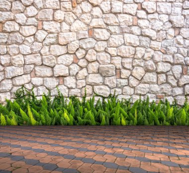 Taş duvar ve fox-kuyruk çimento üzerinde kat iç modern tarzı tuğla