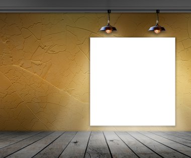 Bilgi iletisi için tavan lambası ile odada boş çerçeve