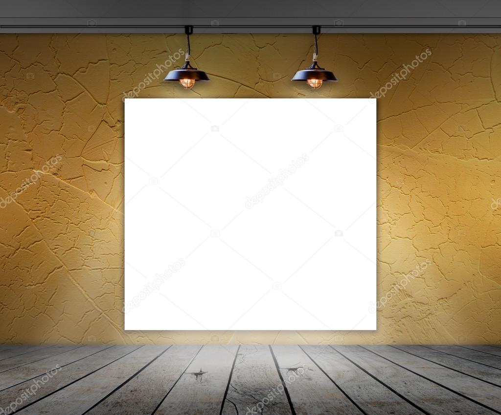 Blank frame in room with ceiling lamp for information message