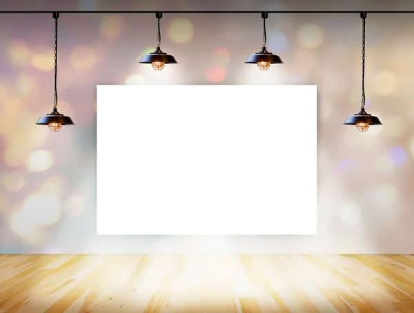 Leerer Rahmen auf Bokeh-Hintergrund mit Deckenlampe für Informationsbotschaften — Stockfoto