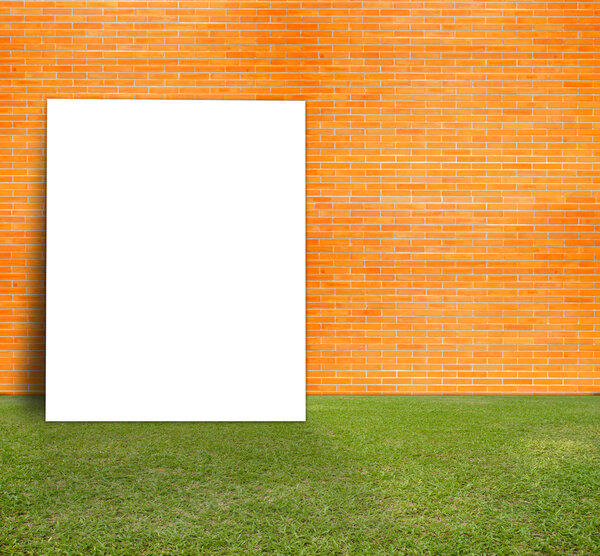Blank Poster with brick wall and green lawn for information message