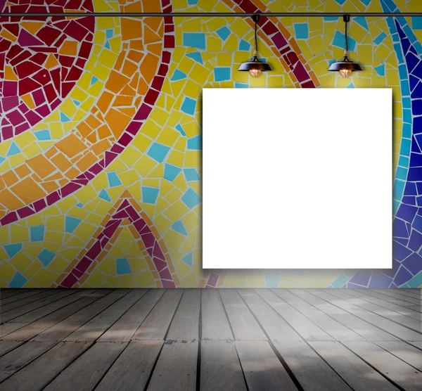 Blank frame on mosaic tile wall with Ceiling lamp for information message — Stock Photo, Image