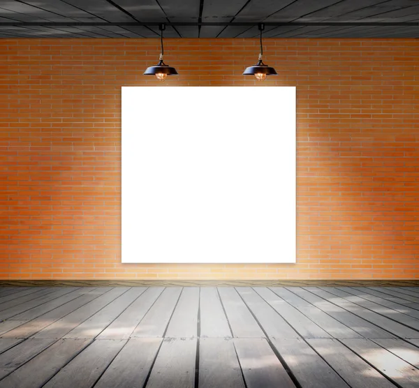 Blank frame on brick wall and wood floor for information message — Stock Photo, Image