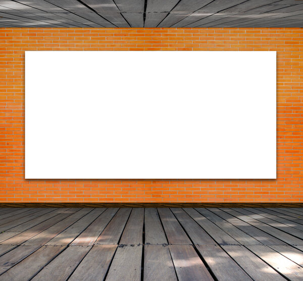 Blank frame on brick wall and wood floor for information message