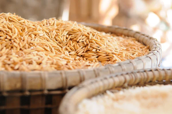 Arroz paddy e arroz em cesta de bambu — Fotografia de Stock