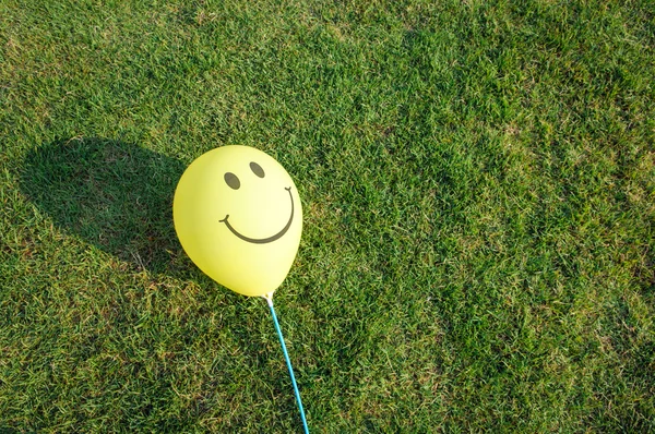 Gelber Smiley-Luftballon auf dem grünen Gras, freier Platz für Text — Stockfoto
