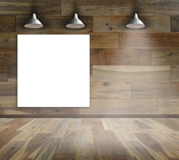 Quadro em branco na parede de madeira com lâmpada de teto — Fotografia de Stock