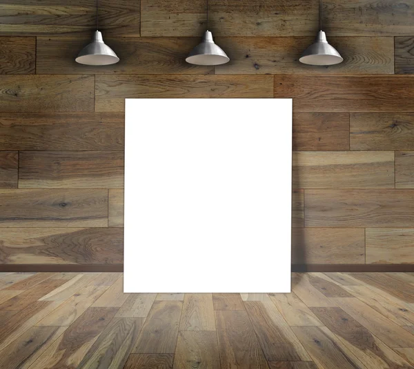 Leeg frame op houten muur met plafondlamp — Stockfoto