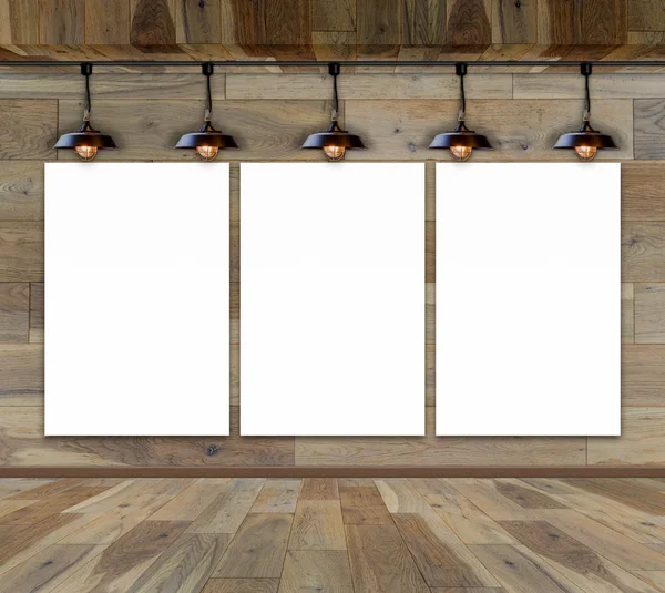 Blank frame on wood wall with Ceiling lamp — Stock Photo, Image