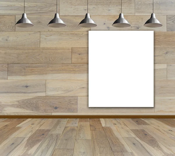 Blank frame on wood wall with Ceiling lamp — Stock Photo, Image