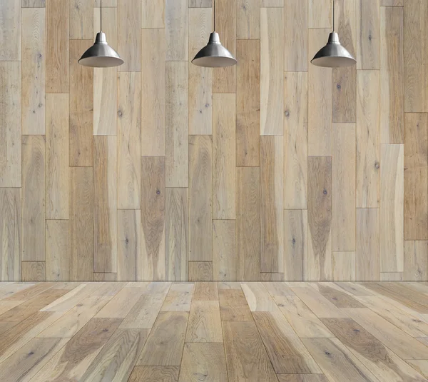 Lampe an Holzplattform und Holzwand — Stockfoto