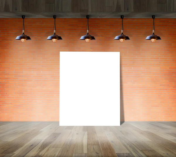 Blank frame on brick wall and wood floor for information message — Stock Photo, Image