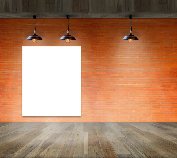 Blank frame on brick wall and wood floor for information message — Stock Photo, Image