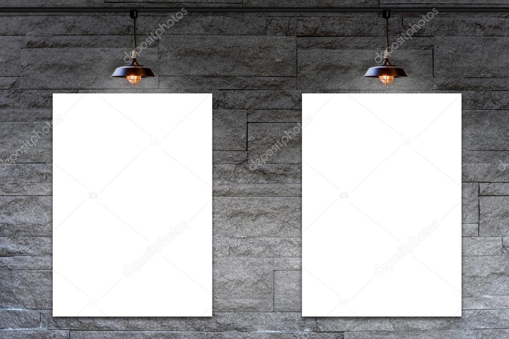 Blank frame on Granite stone decorative brick wall with lamp for information message