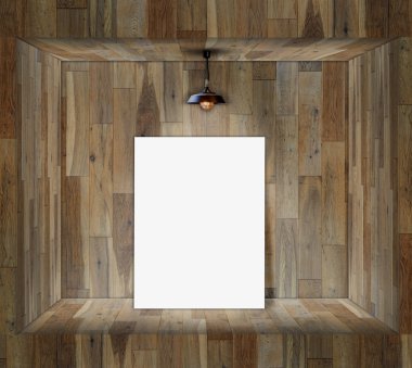 Bilgi iletisi için tavan lambası ile ahşap duvar boş çerçeve