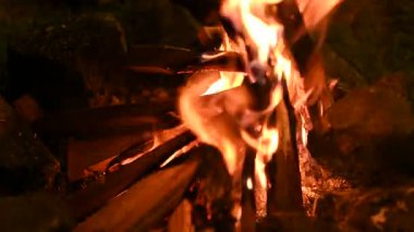 Ateş yakar, kamp ateşinde yanan odunların etrafında dans eder. Sıcak ve sıcak ateş, ısı, ışık ve güzel yanmanın büyüleyici bir arka planını sağlar. Seyahat ve Turizm Konsepti.