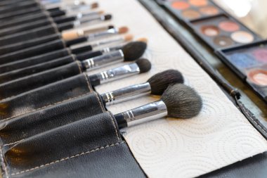 Yakın çekim çeşitli makyaj fırça deri çanta