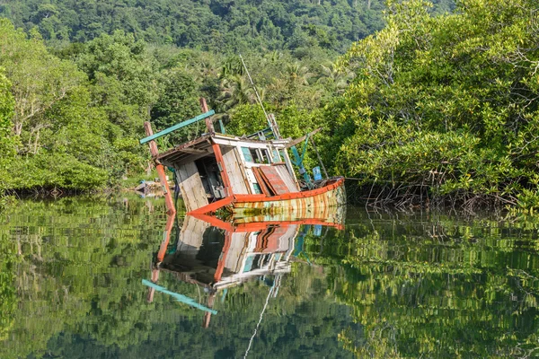 Bateau en bois jeté dans la forêt de mangroves — Photo