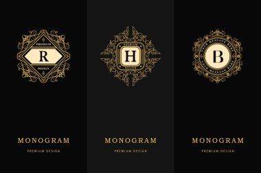 Monogram tasarım öğeleri zarif şablon. Calligraphic zarif çizgi sanat logo tasarımı. Mektup amblemi işareti B, R, H Royalty, kartvizit, Butik, Otel, Heraldic, Takı için. Vektör çizimi