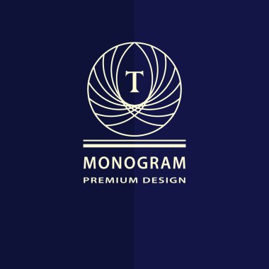 Geometric Monogram logo. Abstract Vector template in trendy mono line style. Letter emblem T. Monochrome vintage hipster. Minimal Design elements for logo, badge, banner, insignias, frame, label.