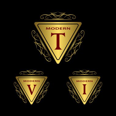 Monogram tasarım öğeleri zarif şablon. Calligraphic zarif çizgi sanat logo tasarımı. Mektup altın amblemi V, T, I Royalty, kartvizit, web sitesi, Butik, Otel, Restoran için. Vektör çizimi