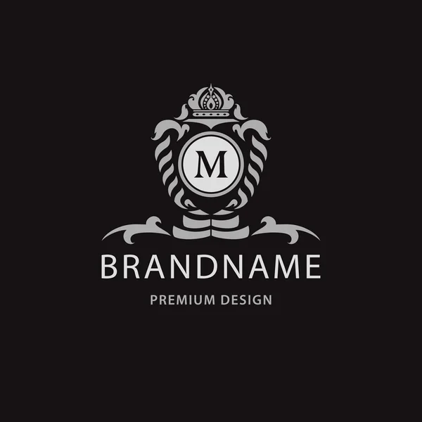 Luxury Vintage logo. Business tecken, etikett, brev emblem M för badge, krön, restaurang, Royalty, Boutique varumärke, Hotel, heraldiska, smycken, mode, Real estate, Resort, tatuering, auktioner. Vektor — Stock vektor