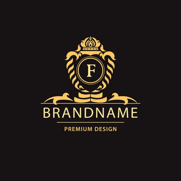 Luxury Vintage logo. Business sign, label, Letter emblem F for badge, crest, Restaurant, Royalty, Boutique brand, Hotel, Heraldic, Jewelery, Fashion, Real estate, Resort, tattoo, Auctions. Vector — Stock Vector