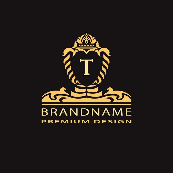 Luxury Vintage logo. Business sign, label, Letter emblem T for badge, crest, Restaurant, Royalty, Boutique brand, Hotel, Heraldic, Jewelery, Fashion, Real estate, Resort, tattoo, Auctions. Vector — Stok Vektör