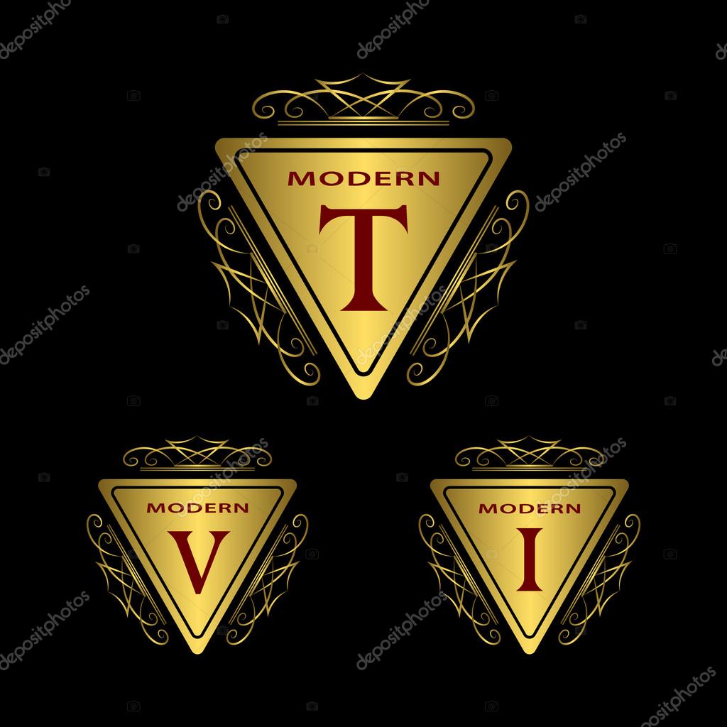 Vector illustration of Monogram design elements graceful template. Calligraphic elegant line art logo design. Letter gold emblem V, T, I for Royalty, business card, website, Boutique, Hotel, Restaurant