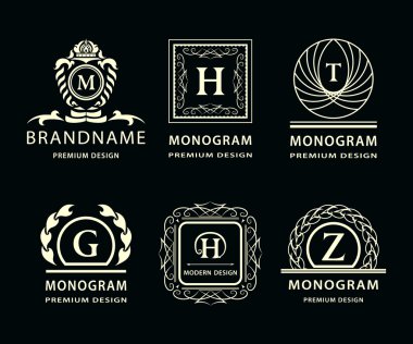 Monogram tasarım elemanları zarif şablonu. Kaligrafi zarif hat Sanat logo tasarımı. Mektup amblemi H, Z, G, M, T için Royalty, kartvizit, butik, otel, Heraldic, takı. Vektör çizim