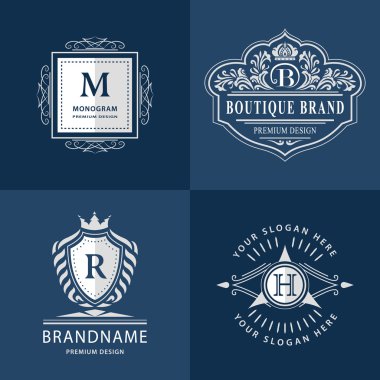 Monogram tasarım elemanları zarif şablonu. Kaligrafi zarif hat Sanat logo tasarımı. Mektup amblemi H, B, M, R için Royalty, kartvizit, butik, otel, Heraldic, takı. Vektör çizim