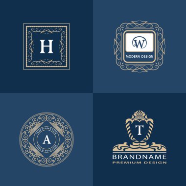 Monogram tasarım elemanları zarif şablonu. Kaligrafi zarif hat Sanat logo tasarımı. Mektup amblemi H, W, A, T için Royalty, kartvizit, butik, otel, Heraldic, takı. Vektör çizim