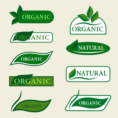Organik doğal logo tasarım şablonu signs yeşil yaprakları ile. Organik yiyecek ve içecek için rozetleri ve etiket öğeleri kümesi. Ekoloji ikonlar, simgeler izole topluluğu. Vektör çizim