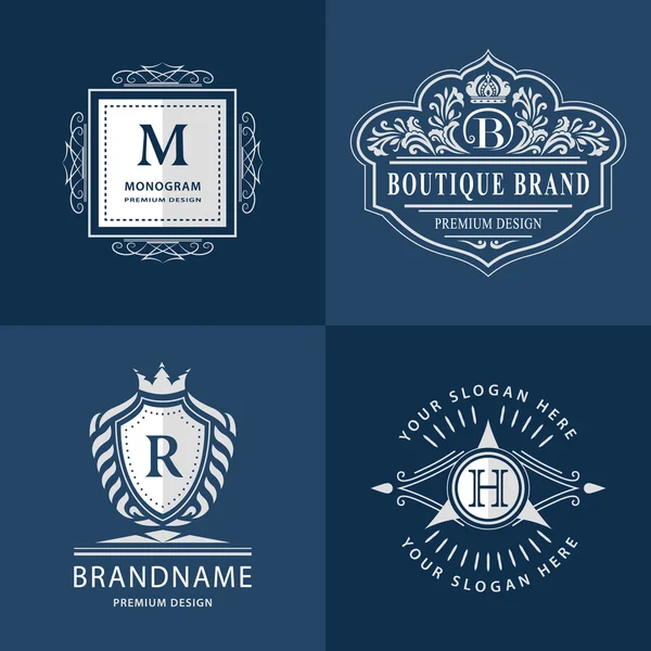 Monogram szablon projektu wdzięku elementów. Projektowanie logo sztuki kaligrafii eleganckiej linii. Godło litera H, B, M, R dla Royalty, wizytówki, Boutique Hotel, Heraldic, biżuteria. Ilustracja wektorowa — Wektor stockowy