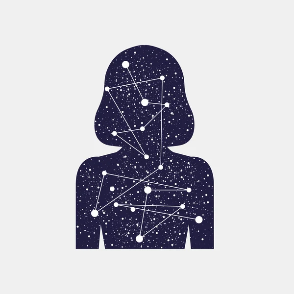 Icon women. Inner world of man. Universe, connection of the planets. Stellar scattering. Silhouette of a girl. Mind and senses information. Vector illustration — Stock Vector