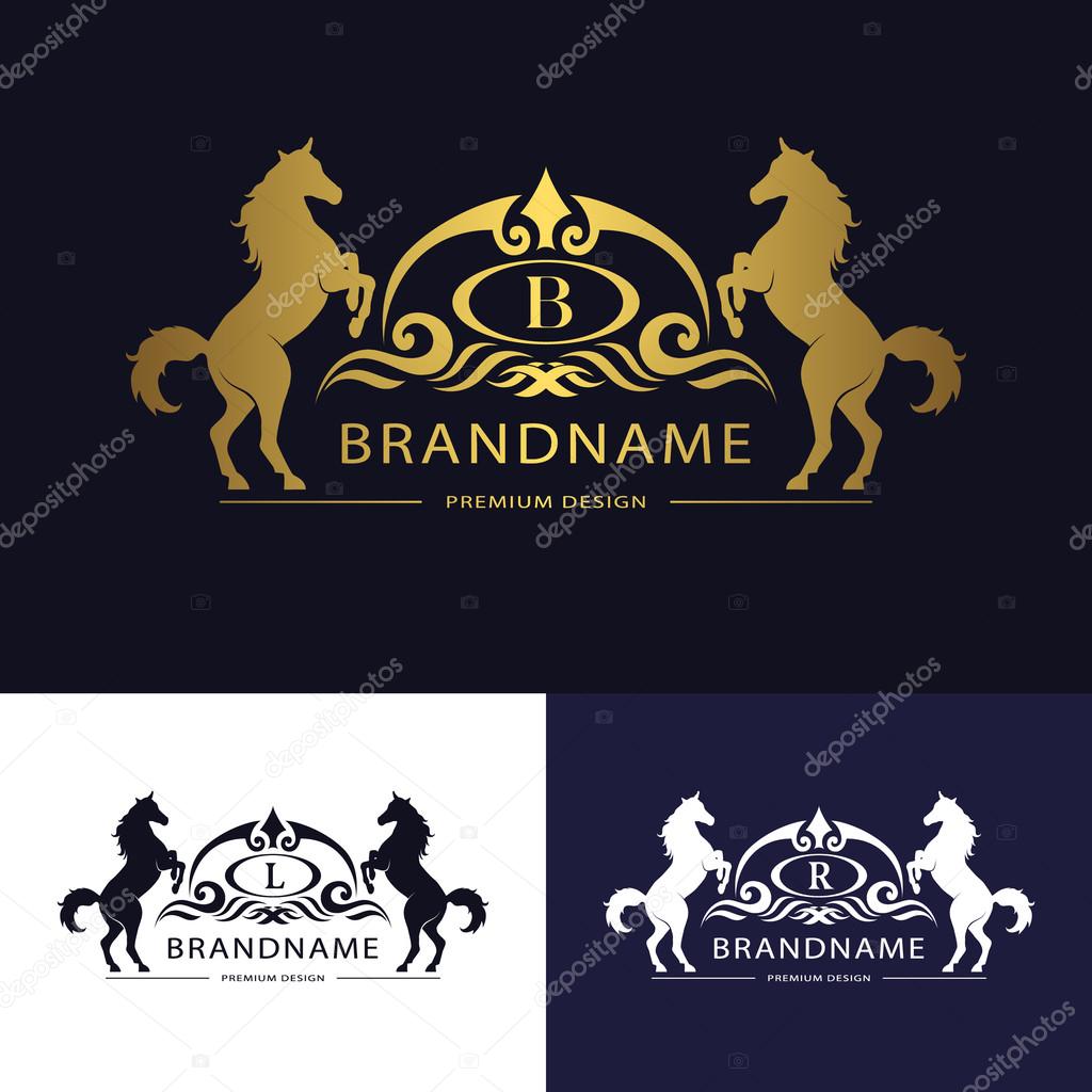 Vector illustration of Monogram logo emblem template with horse. Graceful Luxury design. Calligraphic letter B, L, R Business sign for hotel, restaurant, boutique, invitation, jewellery, royalty brand