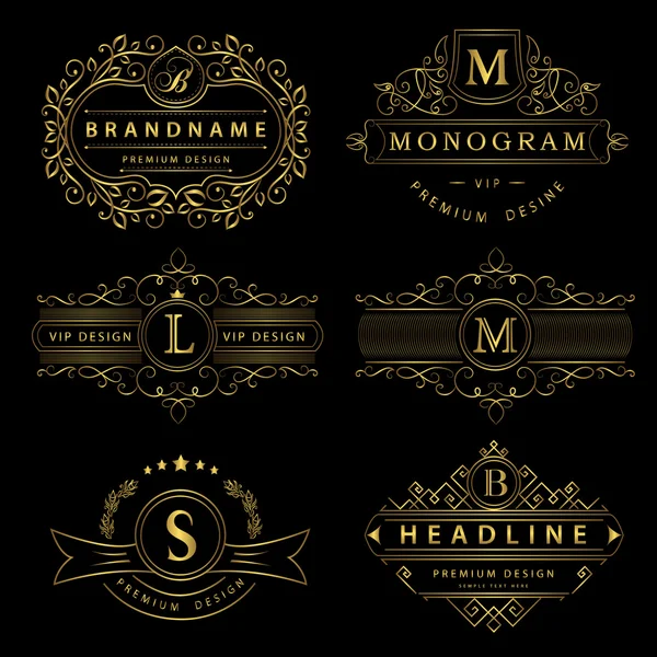 Monogram elementów projektu, taktowny szablon. Projektowanie logo sztuki kaligrafii eleganckiej linii. Złote Godło pismo znak B, M, L, S dla Royalty, wizytówki, Boutique, Hotel, restauracja, kawiarnia. Wektor — Wektor stockowy