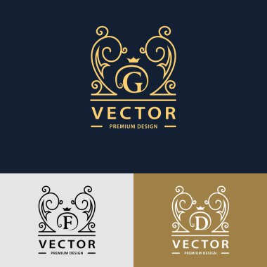 Çizgi grafik monogram. Zarif sanat logo tasarımı. Mektup G, D, F. Graceful şablonu. İş işareti, Restoran, telif, butik, kafe, otel, Heraldic, takı, moda için kimlik. Vektör öğeleri