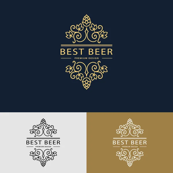 Monogramme graphique en ligne. Conception de logo. Fleurit cadre ornement modèle avec houblon et feuilles pour les logos, étiquettes, emblèmes pour la maison de la bière, bar, pub, brasserie, brasserie, taverne. Illustration vectorielle — Image vectorielle