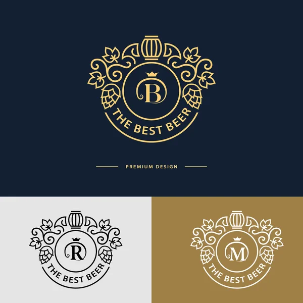Line graphics monogram. Logo design. Flourishes frame ornament template with barrel , hops and leaves  for logos, labels, emblems for beer house, bar, pub, brewing company, brewery, tavern. Vector — Stock Vector