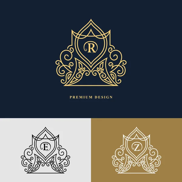 Line graphics monogram. Logo design. Vector Flourishes frame emblem template for floral and natural cosmetics concepts, logos, labels, for Restaurant, Boutique, Cafe, Jewelry, Fashion. letter R, E, Z — Stock Vector